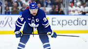 May 7, 2025; Toronto, Ontario, CAN; Toronto Maple Leafs center Auston Matthews (34) waits for the faceoff during the first period against the Florida Panthers in game two of the second round of the 2025 Stanley Cup Playoffs at Scotiabank Arena. Mandatory Credit: Nick Turchiaro-Imagn Images