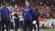 Nov 22, 2025; Houston, Texas, USA; TCU Horned Frogs head coach Sonny Dykes walks on the field during the fourth quarter against the Houston Cougars at TDECU Stadium. Mandatory Credit: Troy Taormina-Imagn Images