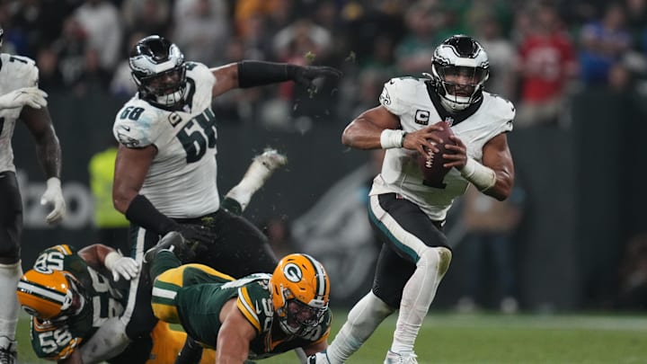 Sep 6, 2024; Sao Paulo, BRA; Philadelphia Eagles quarterback Jalen Hurts (1) runs during the second half against the Green Bay Packers at Neo Quimica Arena. Mandatory Credit: Kirby Lee-Imagn Images