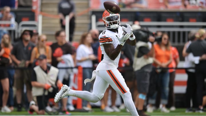 Aug 10, 2024; Cleveland, Ohio, USA; Cleveland Browns wide receiver Elijah Moore (8) before the game against the Green Bay Packers at Cleveland Browns Stadium. Mandatory Credit: Ken Blaze-USA TODAY Sports