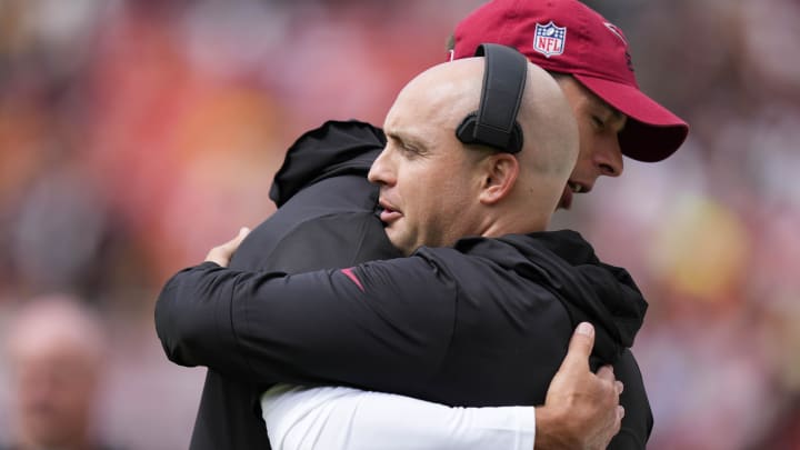 Sep 10, 2023; Landover, Maryland, USA; Arizona Cardinals head coach Jonathan Gannon (left) hugs Arizona Cardinals offensive coordinator Drew Petzing before the game against the Washington Commander at FedExField. Mandatory Credit: Brent Skeen-USA TODAY Sports