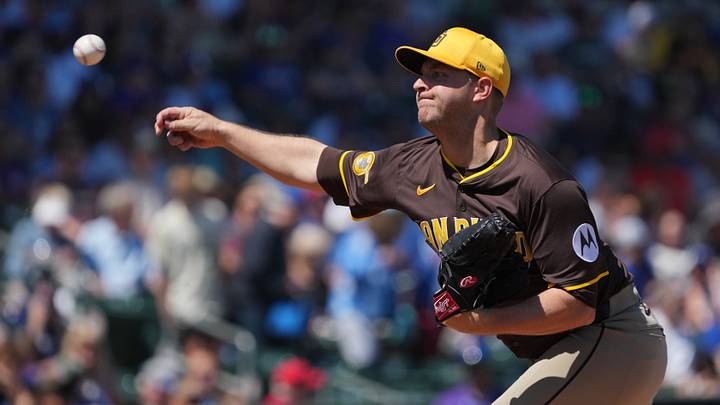 San Diego Padres pitcher Michael King (34) throws against the Chicago Cubs.