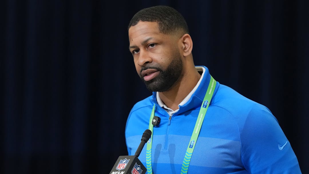 Feb 24, 2026; Indianapolis, IN, USA; Cleveland Browns general manager Andrew Berry speaks at the NFL Scouting Combine at the Indiana Convention Center. Mandatory Credit: Kirby Lee-Imagn Images