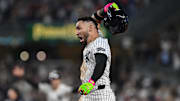 Sep 23, 2025; Bronx, New York, USA; New York Yankees shortstop Jose Caballero (72) reacts after hitting a walk off single against the Chicago White Sox during the ninth inning at Yankee Stadium. Mandatory Credit: John Jones-Imagn Images