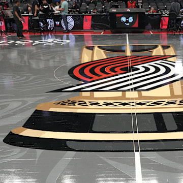 An overall view of the Portland Trail Blazers NBA Cup Court before the game against the Minnesota Timberwolves at Moda Center.