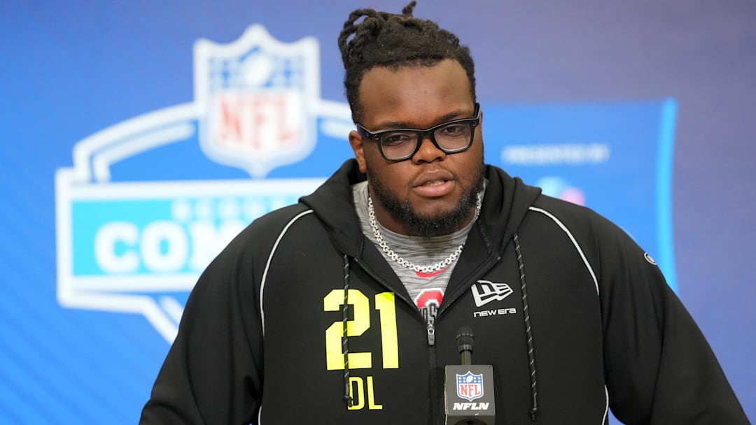 Ohio State defensive lineman Kayden McDonald speaks during the NFL Scouting Combine.