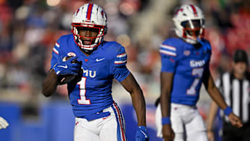 Nov 30, 2024; Dallas, Texas, USA; Southern Methodist Mustangs running back Brashard Smith (1) in action during the game between the SMU Mustangs and the California Golden Bears at Gerald J. Ford Stadium. Mandatory Credit: Jerome Miron-Imagn Images