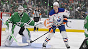 May 29, 2025; Dallas, Texas, USA; Dallas Stars goaltender Jake Oettinger (29) and Edmonton Oilers right wing Corey Perry (90) in action during the game between the Dallas Stars and the Edmonton Oilers in game five of the Western Conference Final of the 2025 Stanley Cup Playoffs at American Airlines Center. Mandatory Credit: Jerome Miron-Imagn Images