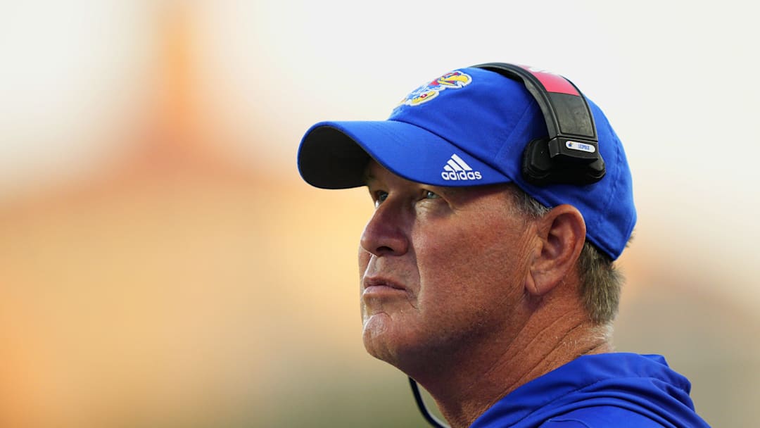 Aug 23, 2025; Lawrence, Kansas, USA; Kansas Jayhawks head coach Lance Leipold reacts during the second half against the Fresno State Bulldogs at David Booth Kansas Memorial Stadium. Mandatory Credit: Jay Biggerstaff-Imagn Images Aug 23, 2025; Lawrence, Kansas, USA; Kansas Jayhawks head coach Lance Leipold reacts during the second half against the Fresno State Bulldogs at David Booth Kansas Memorial Stadium. Mandatory Credit: Jay Biggerstaff-Imagn Images