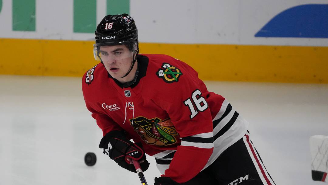 Apr 15, 2026; Chicago, Illinois, USA; Chicago Blackhawks center Anton Frondell (16) warms up before a game against the San Jose Sharks at United Center. Mandatory Credit: David Banks-Imagn Images