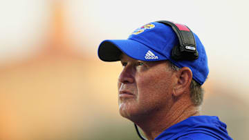 Aug 23, 2025; Lawrence, Kansas, USA; Kansas Jayhawks head coach Lance Leipold reacts during the second half against the Fresno State Bulldogs at David Booth Kansas Memorial Stadium. Mandatory Credit: Jay Biggerstaff-Imagn Images