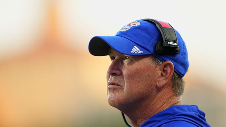 Aug 23, 2025; Lawrence, Kansas, USA; Kansas Jayhawks head coach Lance Leipold reacts during the second half against the Fresno State Bulldogs at David Booth Kansas Memorial Stadium. Mandatory Credit: Jay Biggerstaff-Imagn Images