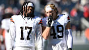 Oct 26, 2025; Foxborough, Massachusetts, USA;  Cleveland Browns outside linebacker Jerome Baker (17) and linebacker Carson Schwesinger (49) talk during warm up prior to the game against the New England Patriots at Gillette Stadium. Mandatory Credit: Brian Fluharty-Imagn Images
