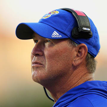 Aug 23, 2025; Lawrence, Kansas, USA; Kansas Jayhawks head coach Lance Leipold reacts during the second half against the Fresno State Bulldogs at David Booth Kansas Memorial Stadium. Mandatory Credit: Jay Biggerstaff-Imagn Images