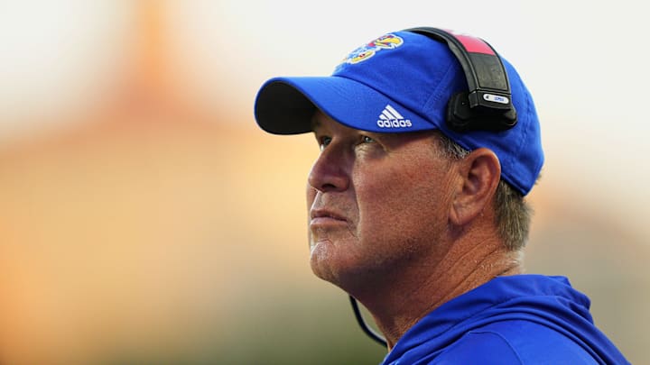 Aug 23, 2025; Lawrence, Kansas, USA; Kansas Jayhawks head coach Lance Leipold reacts during the second half against the Fresno State Bulldogs at David Booth Kansas Memorial Stadium. Mandatory Credit: Jay Biggerstaff-Imagn Images Aug 23, 2025; Lawrence, Kansas, USA; Kansas Jayhawks head coach Lance Leipold reacts during the second half against the Fresno State Bulldogs at David Booth Kansas Memorial Stadium. Mandatory Credit: Jay Biggerstaff-Imagn Images