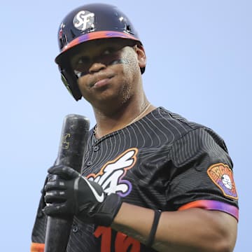 Jul 8, 2025; San Francisco, California, USA; San Francisco Giants designated hitter Rafael Devers (16) reacts after striking out to end the fifth inning leaving a runner on third base against the Philadelphia Phillies at Oracle Park