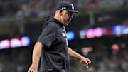 Jul 25, 2025; Arlington, Texas, USA; Texas Rangers manager Bruce Bochy (15) during the game between the Texas Rangers and the Atlanta Braves at Globe Life Field. 