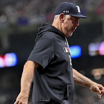 Jul 25, 2025; Arlington, Texas, USA; Texas Rangers manager Bruce Bochy (15) during the game between the Texas Rangers and the Atlanta Braves at Globe Life Field. 