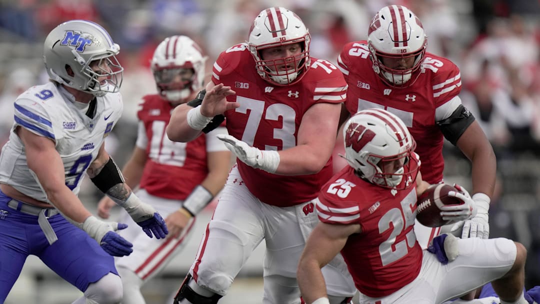 Wisconsin offensive lineman Kerry Kodanko (73) during the fourth quarter of the game Saturday, September 6, 2025 at Camp Randall Stadium in Madison, Wisconsin. Wisconsin beat Middle Tennessee 42-10.