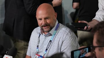 Apr 1, 2025; Palm Beach, FL, USA;  New York Giants head coach Brian Daboll, center, attends the NFL Annual League Meeting at The Breakers.  
