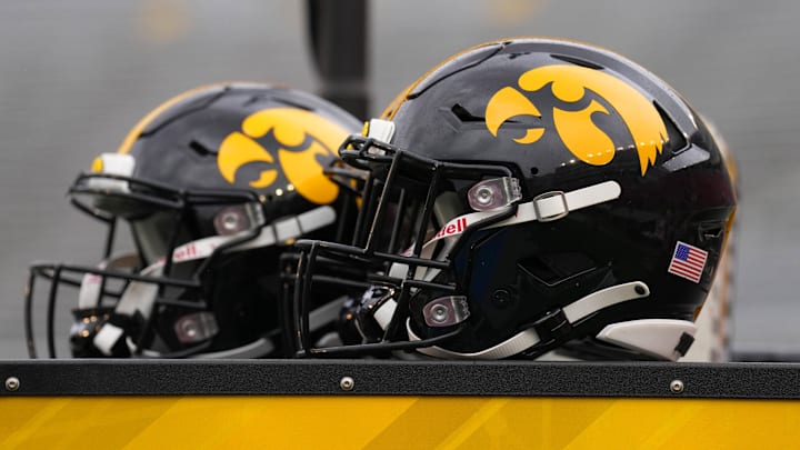 Oct 14, 2023; Madison, Wisconsin, USA;  General view of Iowa Hawkeyes helmets prior to the game against the Wisconsin Badgers at Camp Randall Stadium. Mandatory Credit: Jeff Hanisch-Imagn Images
