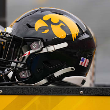 Oct 14, 2023; Madison, Wisconsin, USA;  General view of Iowa Hawkeyes helmets prior to the game against the Wisconsin Badgers at Camp Randall Stadium. Mandatory Credit: Jeff Hanisch-Imagn Images