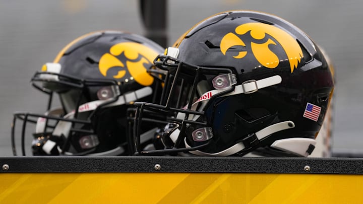 Oct 14, 2023; Madison, Wisconsin, USA;  General view of Iowa Hawkeyes helmets prior to the game against the Wisconsin Badgers at Camp Randall Stadium. Mandatory Credit: Jeff Hanisch-Imagn Images