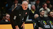 Mar 4, 2025; West Lafayette, Indiana, USA; Rutgers Scarlet Knights head coach Steve Pikiell reacts to a call during the first half against the Purdue Boilermakers at Mackey Arena. Mandatory Credit: Marc Lebryk-Imagn Images