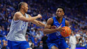 Oct 11, 2025; Lexington, KY, USA; Kentucky Wildcats forward Mouhamed Dioubate (23) drives to the basket against guard Jaland Lowe (15) during Big Blue Madness at Rupp Arena at Central Bank Center. Mandatory Credit: Jordan Prather-Imagn Images