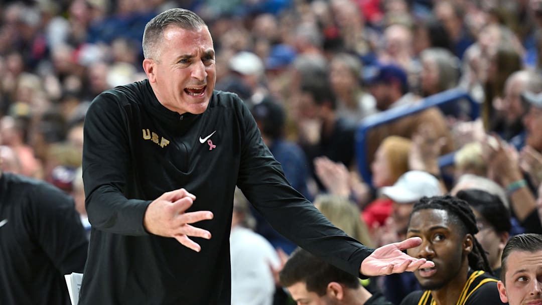Feb 13, 2025; Spokane, Washington, USA; San Francisco Dons head coach Chris Gerlufsen reacts after a play during the first half against the Gonzaga Bulldogs at McCarthey Athletic Center. Mandatory Credit: James Snook-Imagn Images