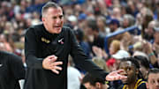 Feb 13, 2025; Spokane, Washington, USA; San Francisco Dons head coach Chris Gerlufsen reacts after a play during the first half against the Gonzaga Bulldogs at McCarthey Athletic Center. Mandatory Credit: James Snook-Imagn Images