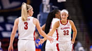 Mar 6, 2025; Greenville, SC, USA; Alabama Crimson Tide guard Aaliyah Nye (32) celebrates with guard Sarah Ashlee Barker (3) during the first half against the Florida Gators at Bon Secours Wellness Arena. Mandatory Credit: Scott Kinser-Imagn Images