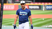 Oct 4, 2025; Seattle, Washington, USA; Seattle Mariners catcher Harry Ford (5) looks on before game one of the ALDS round against the Detroit Tigers for the 2025 MLB playoffs at T-Mobile Park. Mandatory Credit: Steven Bisig-Imagn Images