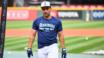 Oct 4, 2025; Seattle, Washington, USA; Seattle Mariners catcher Harry Ford (5) looks on before game one of the ALDS round against the Detroit Tigers for the 2025 MLB playoffs at T-Mobile Park. Mandatory Credit: Steven Bisig-Imagn Images