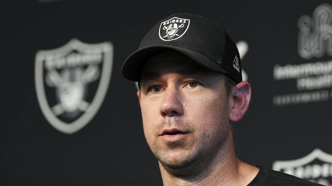 Las Vegas Raiders head coach Klint Kubiak speaks during a news conference.