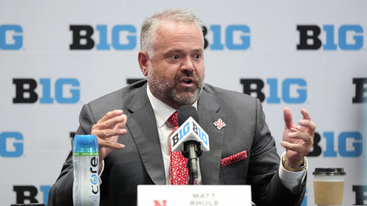 Jul 22, 2025; Las Vegas, NV, USA; Nebraska head coach Matt Rhule speaks to the media during the Big Ten NCAA college football media days at Mandalay Bay Resort. Jul 22, 2025; Las Vegas, NV, USA; Nebraska head coach Matt Rhule speaks to the media during the Big Ten NCAA college football media days at Mandalay Bay Resort.