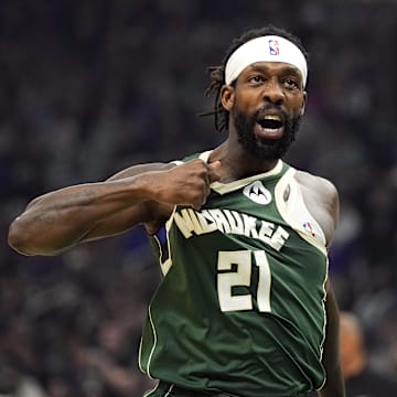 Apr 30, 2024; Milwaukee, Wisconsin, USA;  Milwaukee Bucks guard Patrick Beverley (21) gestures towards the crowd following a play during the second quarter against the Indiana Pacers during game five of the first round for the 2024 NBA playoffs at Fiserv Forum. Mandatory Credit: Jeff Hanisch-Imagn Images