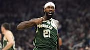 Apr 30, 2024; Milwaukee, Wisconsin, USA;  Milwaukee Bucks guard Patrick Beverley (21) gestures towards the crowd following a play during the second quarter against the Indiana Pacers during game five of the first round for the 2024 NBA playoffs at Fiserv Forum. Mandatory Credit: Jeff Hanisch-Imagn Images