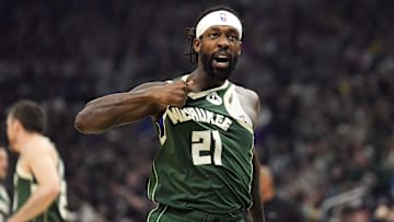 Apr 30, 2024; Milwaukee, Wisconsin, USA;  Milwaukee Bucks guard Patrick Beverley (21) gestures towards the crowd following a play during the second quarter against the Indiana Pacers during game five of the first round for the 2024 NBA playoffs at Fiserv Forum. Mandatory Credit: Jeff Hanisch-Imagn Images