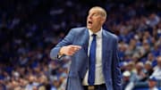Nov 19, 2024; Lexington, Kentucky, USA; Kentucky Wildcats head coach Mark Pope yells to his players during the second half against the Lipscomb Bisons at Rupp Arena at Central Bank Center. Mandatory Credit: Jordan Prather-Imagn Images