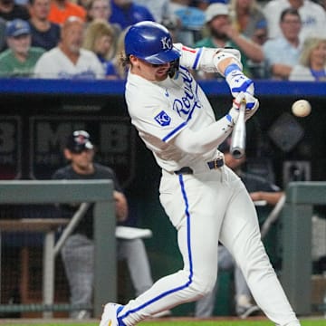 Kansas City Royals shortstop Bobby Witt Jr. (7) hits a double against the Cleveland Guardians in the seventh inning at Kauffman Stadium on Sept 4.