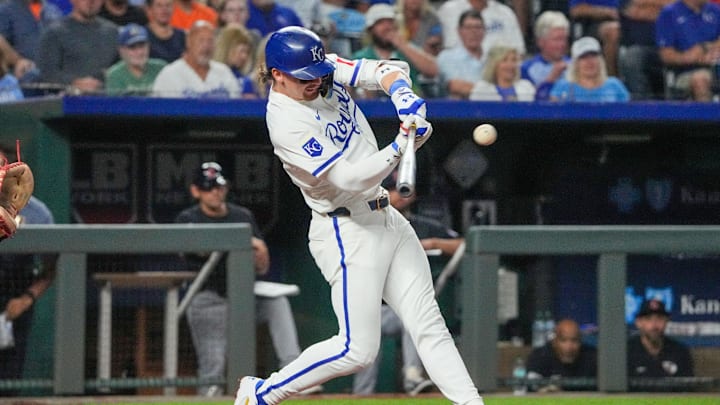 Kansas City Royals shortstop Bobby Witt Jr. (7) hits a double against the Cleveland Guardians in the seventh inning at Kauffman Stadium on Sept 4.