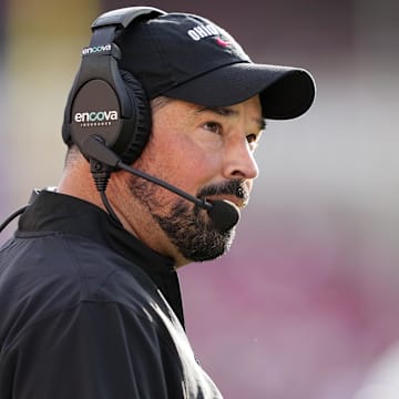 Oct 18, 2025; Madison, Wisconsin, USA; Ohio State Buckeyes head coach Ryan Day looks on in the second quarter against the Wisconsin Badgers at Camp Randall Stadium. Mandatory Credit: Jeff Hanisch-Imagn Images