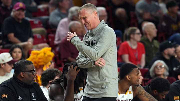 Arizona State head coach Bobby Hurley reacts to a play against the Houston Cougars at Desert Financial Arena. Arizona State head coach Bobby Hurley reacts to a play against the Houston Cougars at Desert Financial Arena.