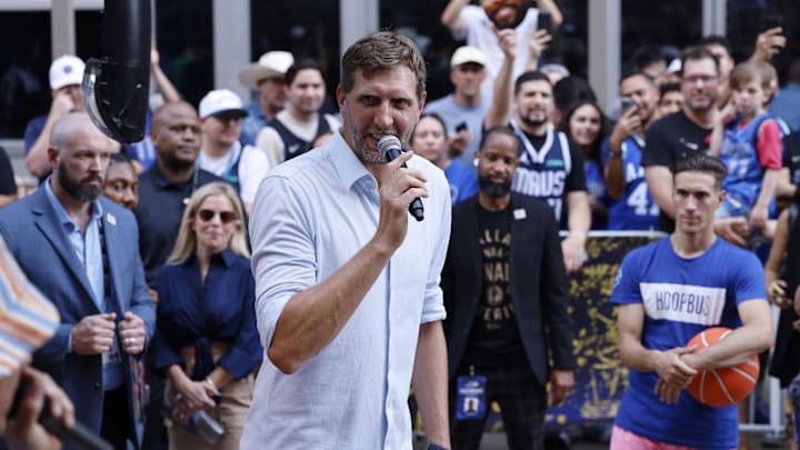 Jun 12, 2024; Dallas, Texas, USA; Former NBA player Dirk Nowitzki before game three of the 2024 NBA Finals 