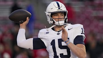 Oct 26, 2024; Madison, Wisconsin, USA;  Penn State Nittany Lions quarterback Drew Allar (15) during warmups prior to the game against the Wisconsin Badgers at Camp Randall Stadium. Mandatory Credit: Jeff Hanisch-Imagn Images