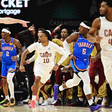 Jan 8, 2025; Cleveland, Ohio, USA; Cleveland Cavaliers guard Darius Garland (10) celebrates after hitting a three point basket during the first quarter against the Oklahoma City Thunder at Rocket Mortgage FieldHouse. Mandatory Credit: Ken Blaze-Imagn Images