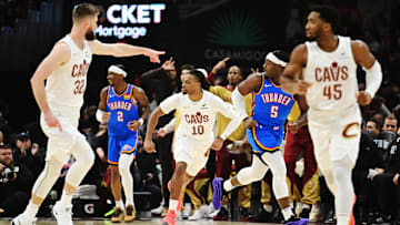 Jan 8, 2025; Cleveland, Ohio, USA; Cleveland Cavaliers guard Darius Garland (10) celebrates after hitting a three point basket during the first quarter against the Oklahoma City Thunder at Rocket Mortgage FieldHouse. Mandatory Credit: Ken Blaze-Imagn Images