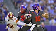 Nov 8, 2025; Fort Worth, Texas, USA; TCU Horned Frogs quarterback Josh Hoover (10) throws the ball during the first half against the Iowa State Cyclones at Amon G. Carter Stadium. Mandatory Credit: Jerome Miron-Imagn Images