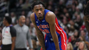 Nov 13, 2024; Milwaukee, Wisconsin, USA;  Detroit Pistons forward Ron Holland II (00) during the game against the Milwaukee Bucks at Fiserv Forum. Mandatory Credit: Jeff Hanisch-Imagn Images